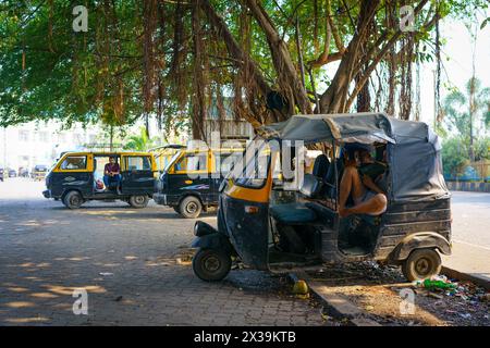 Mumbai, 8. Oktober 2023: indische Rikscha-Fahrer ruhen tagsüber unter Banyanbäumen aus. Tägliche Lohnarbeit. Das Konzept der indischen Wirtschaft und Beschäftigung Stockfoto