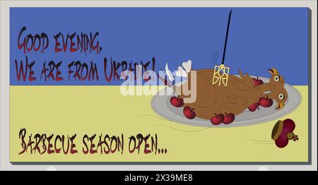 Guten Abend. Wir sind von der Ukraine Barbecue Saison geöffnet, ukrainische Flagge. Eagle . Gebratener Vogel. Stock Vektor