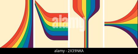 Retro-Poster-Set mit Streifen in Regenbogenfarben. Geometrische Hippie-Regenbögen auf Abzügen. Abstrakte irisierende Streifen im Hippie-Stil. Trendige Minimal y2k farbenfrohe Spektrallinien Art EPS Cover Stock Vektor