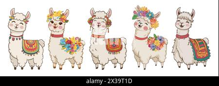 Niedliche Zeichentrick-Lama Alpaca-Vektor-Illustrationen Set Stock Vektor