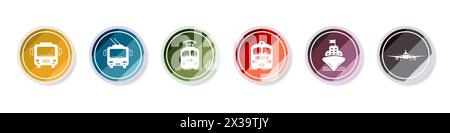 Travel icon Kollektion. Set stilvoller Knöpfe mit Transport. Modernes Transportlogo. Transportsymbole gesetzt. Vektorabbildung. Stock Vektor