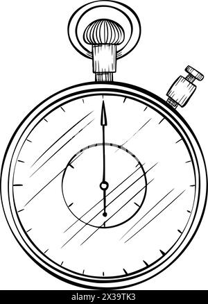 Stoppuhr für Timing. Vektordarstellung des Chronometers auf isoliertem Hintergrund. Zeichnung des Zeitschalters für das Symbol in linearer Form. Skizze einer Vintage-Uhr für Sportwettkämpfe, bemalt mit schwarzer Tinte. Stock Vektor