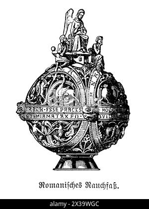 Ein altrömischer Thru ist ein zeremonieller Räucherbrenner, der in religiösen Ritualen und Hausritualen verwendet wird. Diese Deichsel sind in der Regel aus Bronze oder anderen Metallen gefertigt und weisen oft ausgeklügelte Designs auf, darunter mythologische Figuren, Tiere und komplexe geometrische Muster. Während des Römischen Reiches waren Thruiten ein wesentlicher Bestandteil sowohl öffentlicher religiöser Zeremonien als auch privater Gottesdienste, die den Rauch des heiligen Weihrauchs zu den Göttern tragen sollten, was das Gebet und die göttliche Beschwörung symbolisierte. Diese Artefakte bieten einen Einblick in die religiösen Praktiken und das tägliche Leben der alten Römer Stockfoto