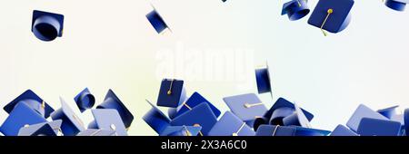 Die Graduierungskappen werden geworfen. Banner von vielen. 3D-Rendering Stockfoto