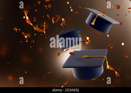 Drei Graduiertenkappen aus goldenem Konfetti. 3D-Rendering Stockfoto