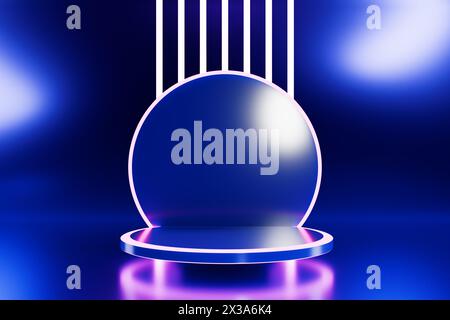Leeres Podium mit Neonlicht und leuchtenden Linien im Hintergrund. 3D-Rendering Stockfoto