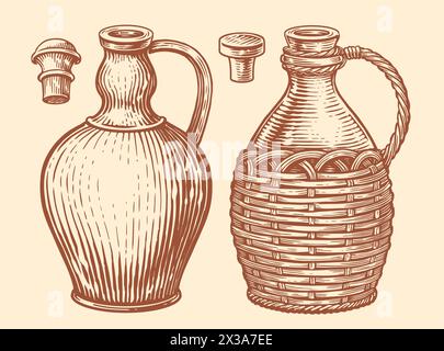 Tongefäße für Wein und Öl. Handgezeichnete Skizze Vintage Vektor Illustration Stock Vektor