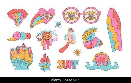 Sommer groovige Cartoon Surf, Welle, Shell, Brille, Auge. Trippige, helle Designs für T-Shirt-Prints, Poster und Aufkleber. Stock Vektor