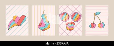 Sommer-groovige Zeichentrickkarten auf Linie gemustertem Hintergrund. Trippige, helle Designs für T-Shirt-Prints, Poster und Wandbilder. Stock Vektor