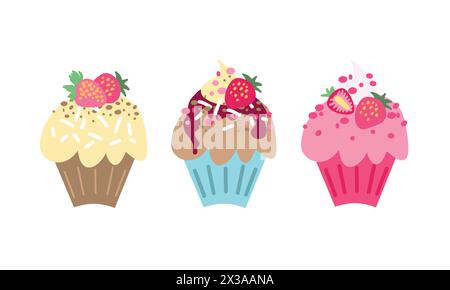Set von niedlichen Vektor-Cupcakes und Muffins. Bunte Erdbeerdesserts auf weißem Hintergrund. Perfekt für Scrapbooking, Grußkarte, Partyeinladung Stock Vektor