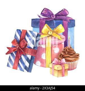 Geschenkboxen Aquarellzeichnung Geschenk Geburtstag. Überraschungspreis zum Jubiläum von Muffin Cupcake. Schokoladencreme-Kerzenschleife. Dekorationsband Stockfoto