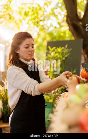 Weibliche Kleinunternehmer, die lokal angebaute Bio-Produkte auf dem Marktstand der Landwirte arrangieren. Junge Verkäuferin, die frisches Obst und Gemüse auf dem greenmarket-Stand verkauft, bereit für den Verkauf an Kunden. Stockfoto
