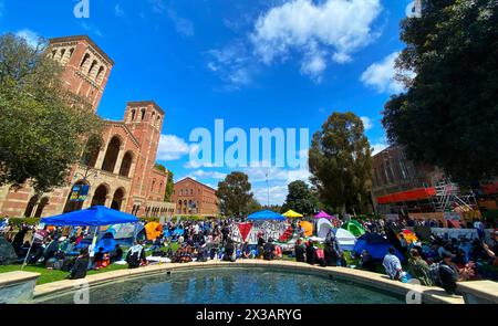 Los Angeles, USA. April 2024. Ein Lager, das gegen den Krieg in Gaza protestierte, wurde auf dem Royce Quad auf dem Campus der UCLA, der University of CA, gegründet Stockfoto