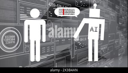 Bild der menschlichen Darstellung, Ai-Text im Roboter über Diagrammen, Zahlen, Ladebalken und Kreisen Stockfoto