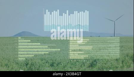 Bild der Verarbeitung von Finanzdaten über Windturbinenfeld auf dem Land Stockfoto