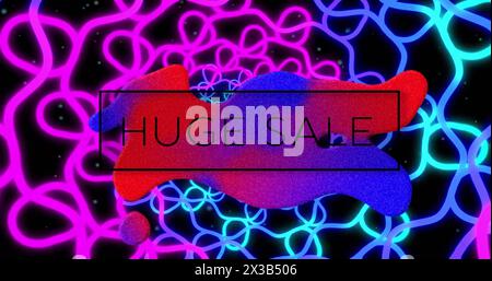 Bild mit großem Verkaufstext und farbenfrohen Formen auf schwarzem Hintergrund Stockfoto