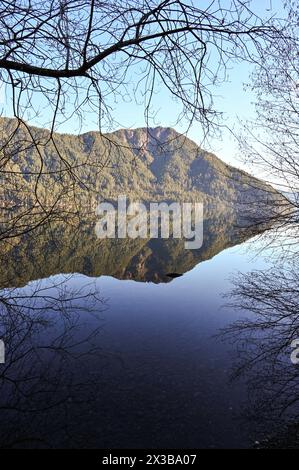 Idyllische Landschaft am Lake Crescent, WA mit Bergen, die sich in einem stillen See spiegeln. Alles eingerahmt von Zweigen. Stockfoto