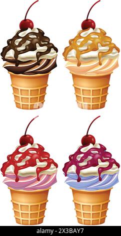 Vier bunte Eiskegel mit verschiedenen Sirupe Stock Vektor