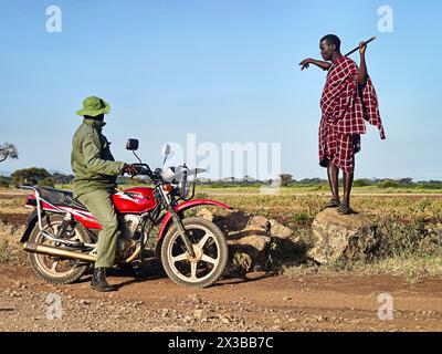 Februar 2024. amboseli Kenia: Der maasai-Mann aus dem Masai-Stamm in der roten Nationalkleidung kommuniziert mit einem Pager auf einem Motorrad im AF Stockfoto