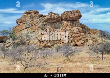 Landschaft mit Kopje oder felsigem Ausläufer, Mashatu Game Reserve, Botswana Stockfoto