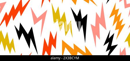 Farbenfrohes, nahtloses Muster mit Blitzschlägen. Gelber, roter, orangefarbener und schwarzer Donner-Blitz-Hintergrund. Ornamenttapete mit Sturm und Blitz. Vektor-Cartoon wiederholter Hintergrund Stock Vektor