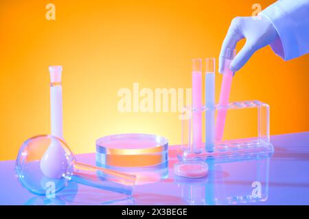 Rundes Podium aus Glas mit Petrischale, flachem florentiner Kolben und einem Rack mit Reagenzgläsern. Minimales Podium für kosmetische PR Stockfoto