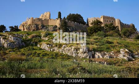 Morgenlicht, Johannisburg, Aufstieg zur Akropolis, Lindos, grüne Wiesen, Rhodos, Dodekanese, Griechische Inseln, Griechenland Stockfoto