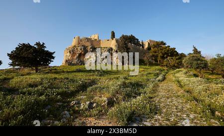 Morgenlicht, Johannisburg, Aufstieg zur Akropolis, Lindos, grüne Wiesen, Rhodos, Dodekanese, Griechische Inseln, Griechenland Stockfoto