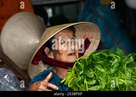 Porträt einer älteren vietnamesischen Frau, aufgenommen auf einem lokalen Markt in Hội an, Vietnam. Stockfoto