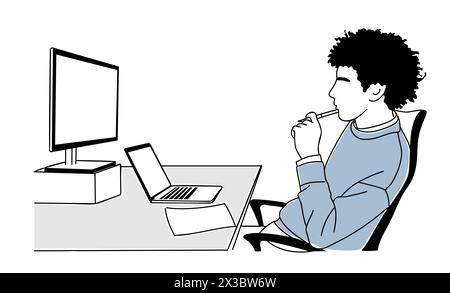 Junger Geschäftsmann, der mit Laptop am Schreibtisch sitzt Stock Vektor
