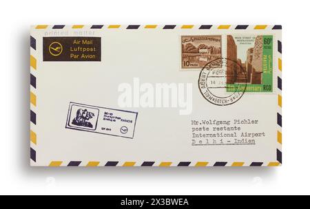 Erster Flugbrief, erster Flugbrief, Lufthansa erster Flug LH644 mit DC-10 von Karachi, Pakistan nach Delhi, Indien, 14. Januar 1974 Stockfoto
