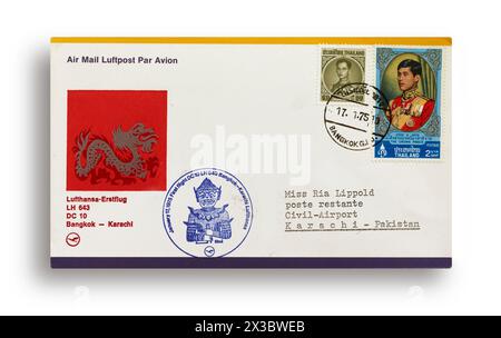 Erster Flugbrief, erster Flugbrief, Lufthansa erster Flug LH643 mit DC-10 von Bangkok, Thailand nach Karachi, Pakistan am 17. Januar 1975 Stockfoto
