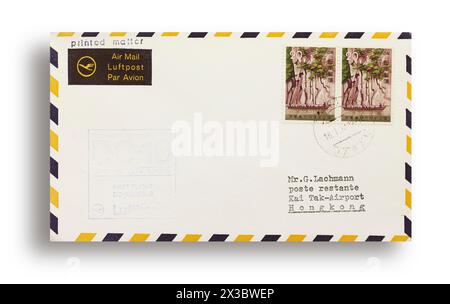 Erster Flugbrief, erster Flugbrief, Lufthansa erster Flug LH643 mit DC10 von Tokio, Japan über Hongkong, Bangkok, Thailand, Delhi, Indien Stockfoto