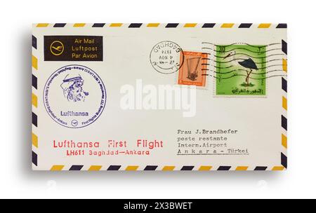 Erster Flugbrief, erster Flugbrief, Lufthansa erster Flug LH611 mit Boeing 727 von Bagdad, Irak, nach Ankara, Türkei, am 4. November 1974 Stockfoto