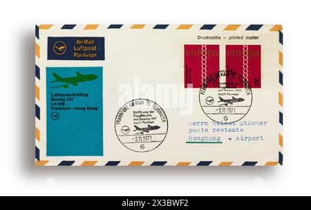 Erster Flugbrief, erster Flugbrief, Lufthansa erster Flug LH648 mit Boeing 747 von Frankfurt nach Hongkong am 3. November 1971 Stockfoto