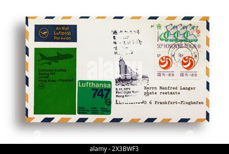 Erster Flugbrief, erster Flugbrief, Lufthansa erster Flug LH649 mit Boeing 747 von Hongkong nach Frankfurt am 05. November 1971 Stockfoto