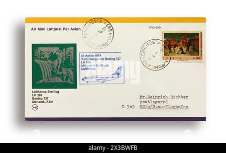 Erster Flugbrief, erster Flugbrief, Lufthansa erster Flug LH289 mit Boeing 737 von Mailand, Italien, nach Köln, Deutschland, am 01.04.1974 Stockfoto