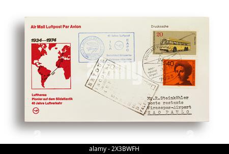 Erster Flugbrief, erster Flugbrief, Lufthansa Jubiläumsflug, 40 Jahre Luftverkehr zwischen Deutschland und Südamerika, ab Stuttgart Stockfoto