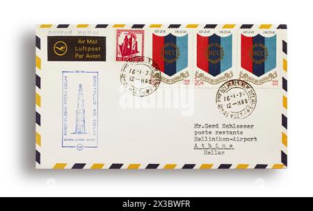 Erster Flugbrief, erster Flugbrief, Lufthansa erster Flug LH645 mit DC10 von Delhi, Indien nach Athen, Griechenland am 16. Januar 1974 Stockfoto