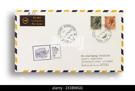 Erster Flugbrief, erster Flugbrief, Lufthansa erster Flug LH644 mit DC10 von Rom, Italien, nach Delhi, Indien, am 14. Januar 1974 Stockfoto