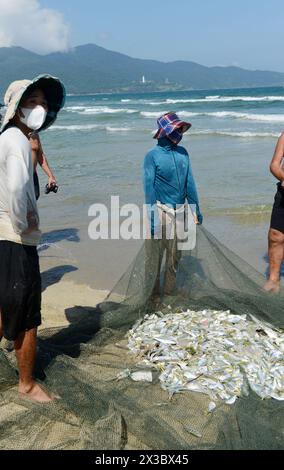 Vietnamesische Fischer ziehen ein großes Fischernetz vom Strand in da Nang, Vietnam. Stockfoto