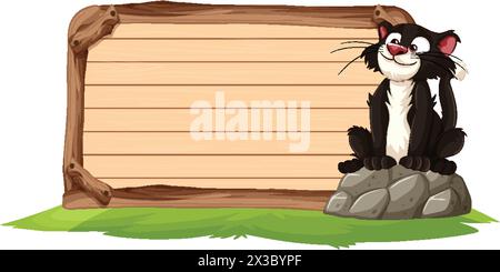 Cartoon Stinktier sitzt auf einem Felsen bei einem hölzernen Schild. Stock Vektor