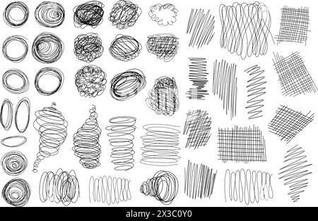 Setzen Sie Kritzeleien. Grunge-Kritzeleien, Kritzeleien, Unterstriche und Kreise, spiralförmige, geschwungene Formen, Schattierung, skizzierte und strukturierte Form. Isolierter Vektor handgezeichnet Stock Vektor