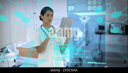 Bild der wissenschaftlichen Datenverarbeitung über birassische Ärztin mit Tablette Stockfoto