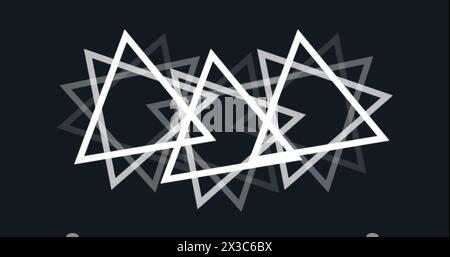 Bild von mehreren weißen Dreiecken, die sich auf einer nahtlosen Schleife über schwarzem Hintergrund drehen Stockfoto