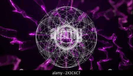 Bild eines Globus mit Verbindungsnetzwerk über lila Lichtspuren auf schwarzem Hintergrund Stockfoto