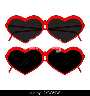 Sonnenbrille in Herzform. Isolierter Vektor-Clipart mit schwarzen und transparenten Linsen. Rote Farbe. Klarer weißer Hintergrund. Stock Vektor