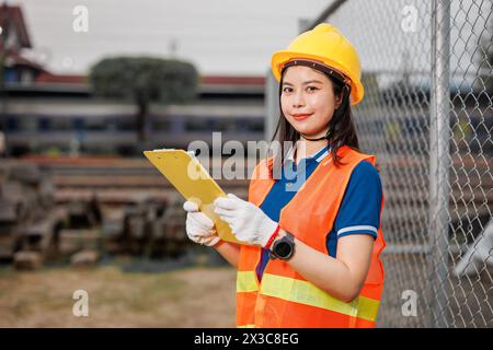 Porträt Asiatischer junger Teenager Ingenieur Arbeiter stehend Happy Smile im Freien wartend Sicherheit reflektierend mit Schutzhelm. Stockfoto