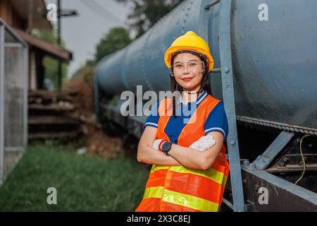 Portrait-Lokomotivingenieur weibliche Arbeiter. Glückliche asiatische junge Teenager lächelnde Arbeit am Bahnhof Bahngleis Lokomotivdienst. Stockfoto