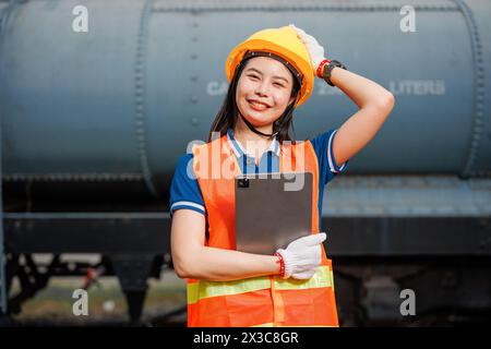 Portrait-Lokomotivingenieur weibliche Arbeiter. Junge asiatische Teenager glücklich lächelnd viel Spaß bei der Arbeit prüfen Service Wartung Zug mit Tablet. Stockfoto